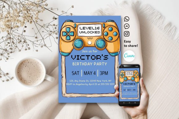 Modern Video Game Aqua Kids Invitation: A Playful Design Asset